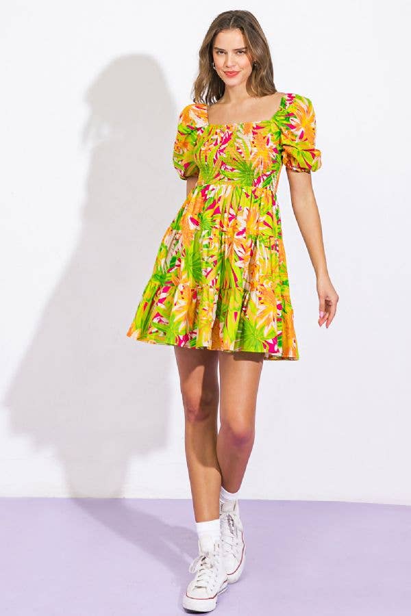 Mini Dress with Tropical Print / FUCHSIA LIME / Contemporary