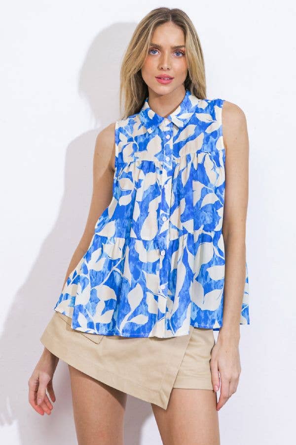Leaf Print Tiered Button Down Top: BLUE/IVORY / Contemporary