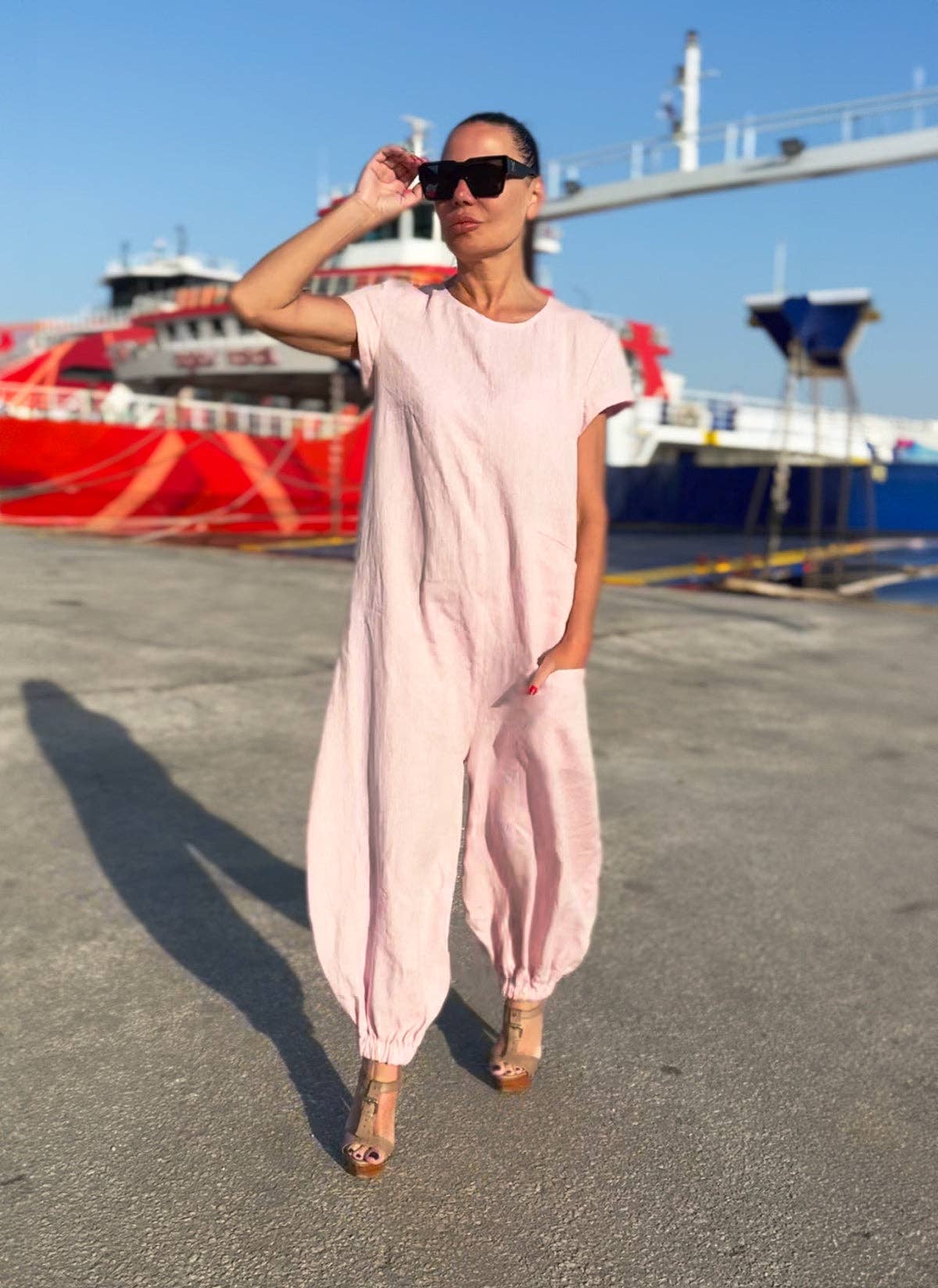 Sleeveless Linen Jumpsuit Lilian: Baby pink / XS