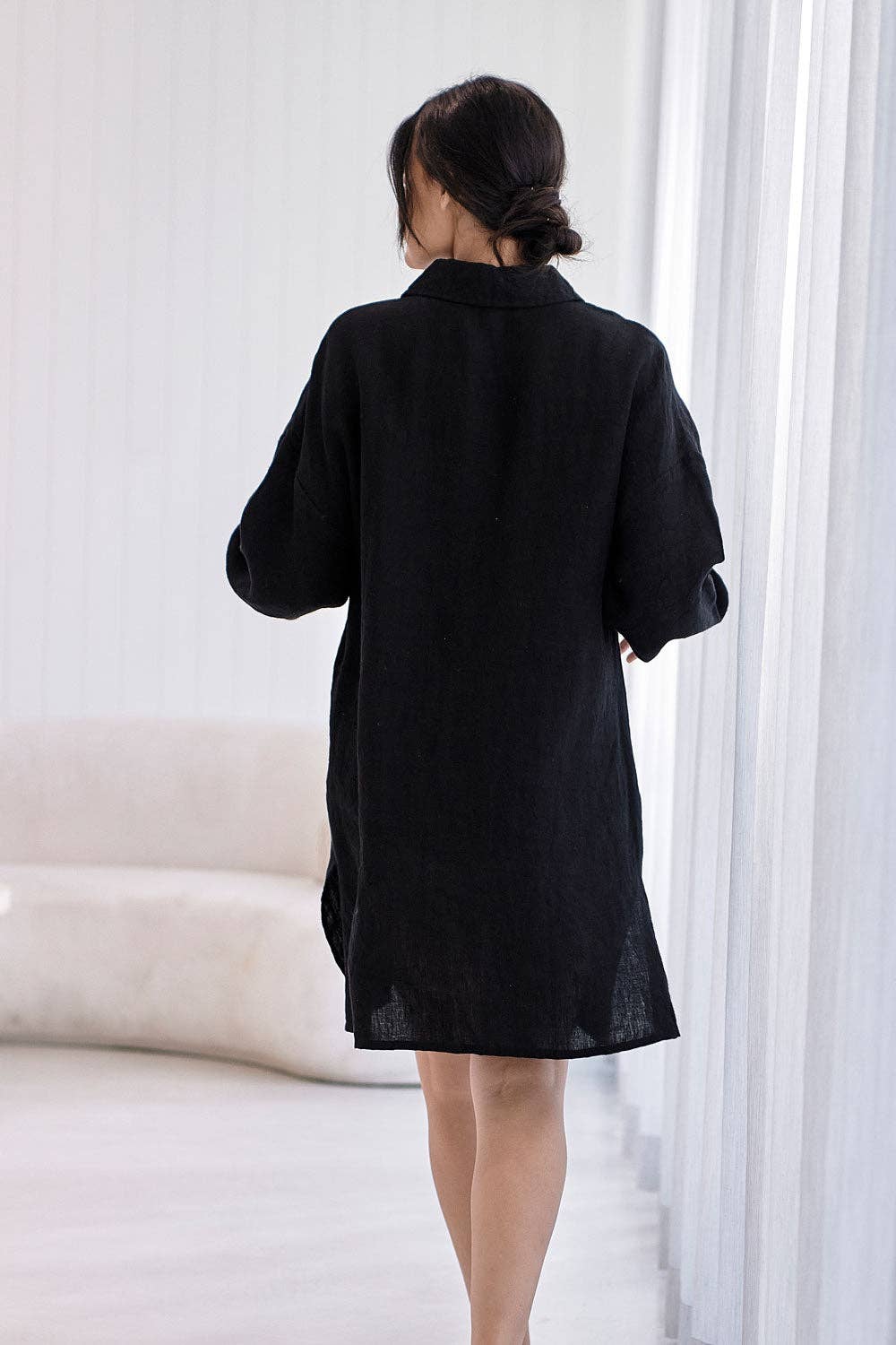 Linen Shift Dress - Black: Black / M/L