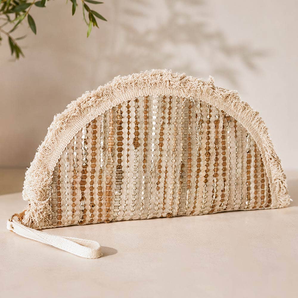 Boho Fringe Textured Half Moon Clutch Bag