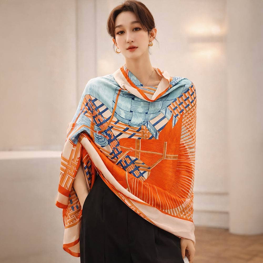 Geometric Art Pattern Printed Oblong Silky Satin Scarf Shawl