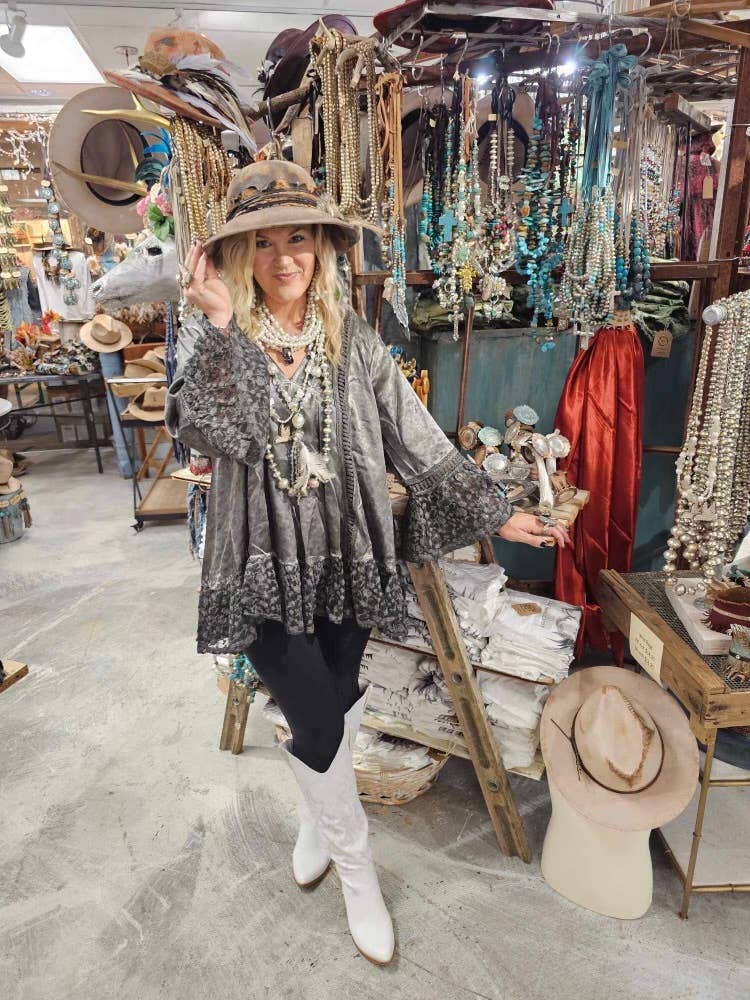 Silver Distressed Satin Lace Tunic: