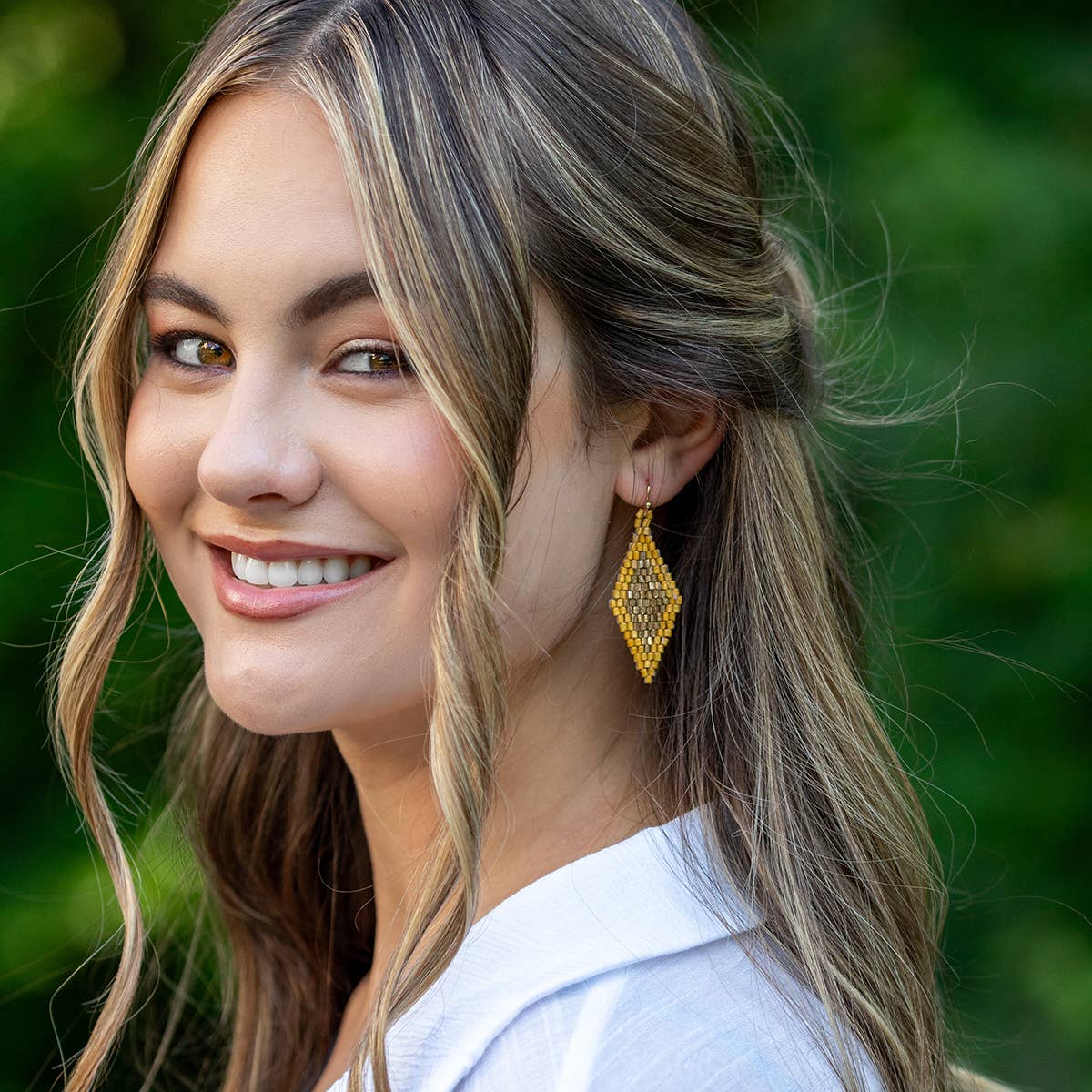 Seed Bead Diamond Shaped Earrings - Multiple Color Styles: Mustard &amp; Gold