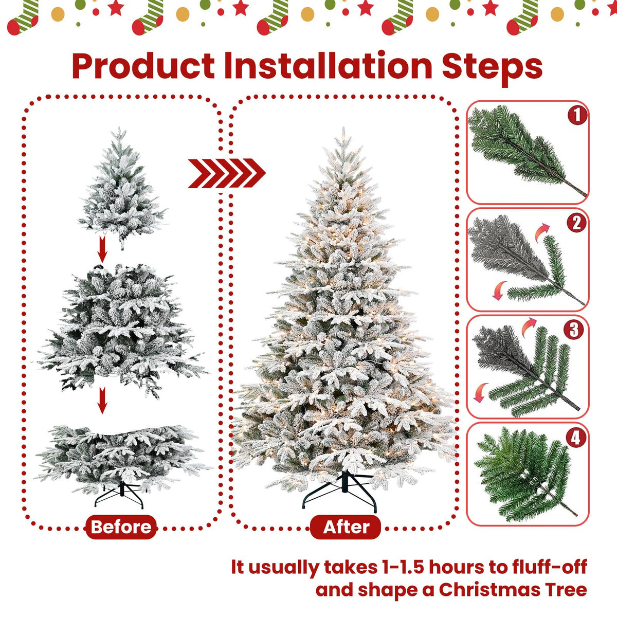 9ft Pre-Lit Flocked Christmas Tree with Warm White Lights