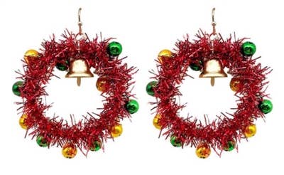 Red Tinsel Wreath with Green and Gold Beaded Accents Earring