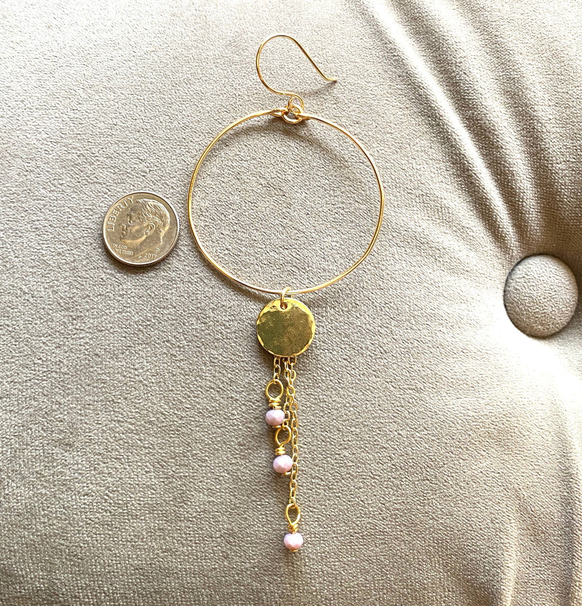Pearl - Gold Hoop Earrings Chain Coin Drop Lavender Facets