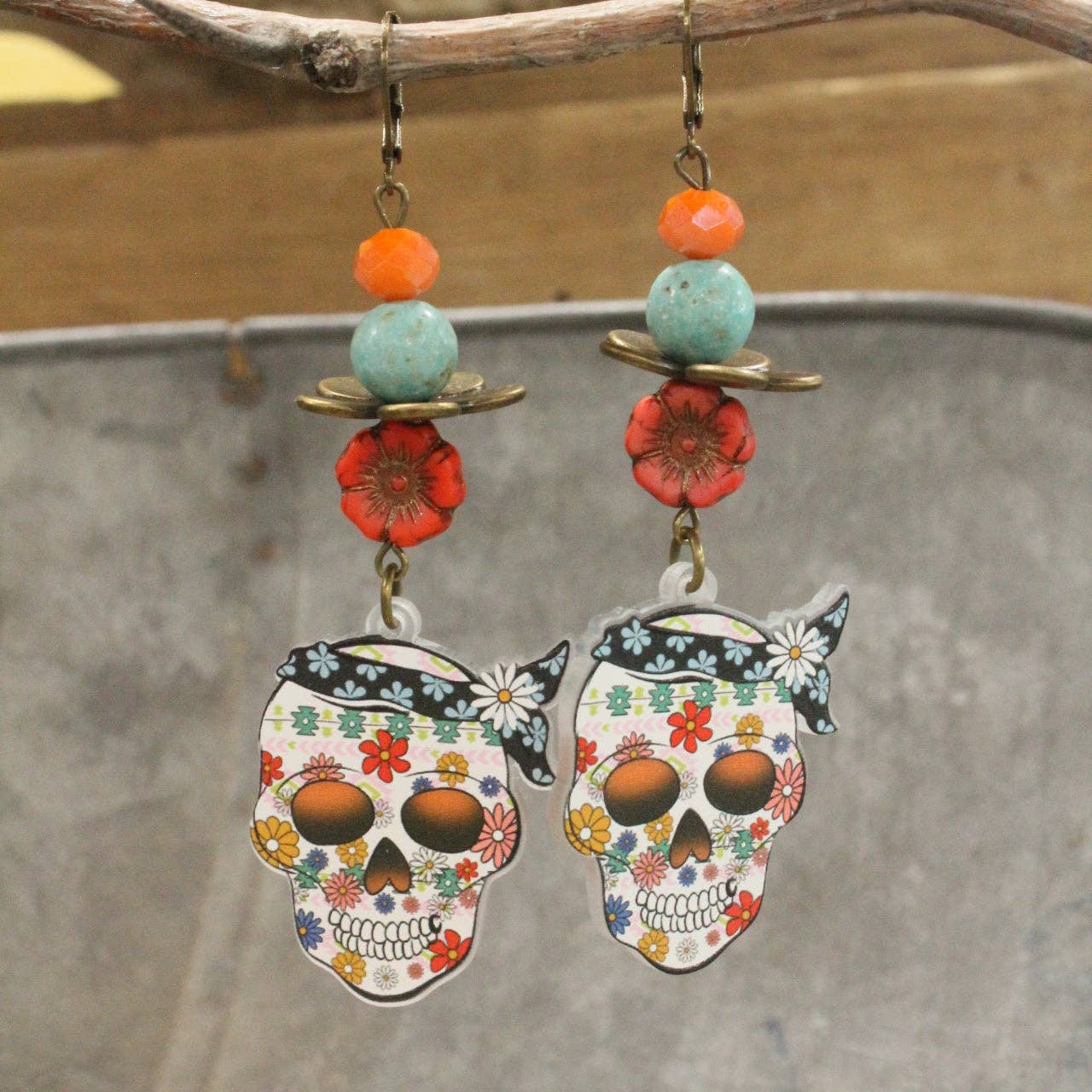 Skulls & Daisies Dangle Drop Earrings