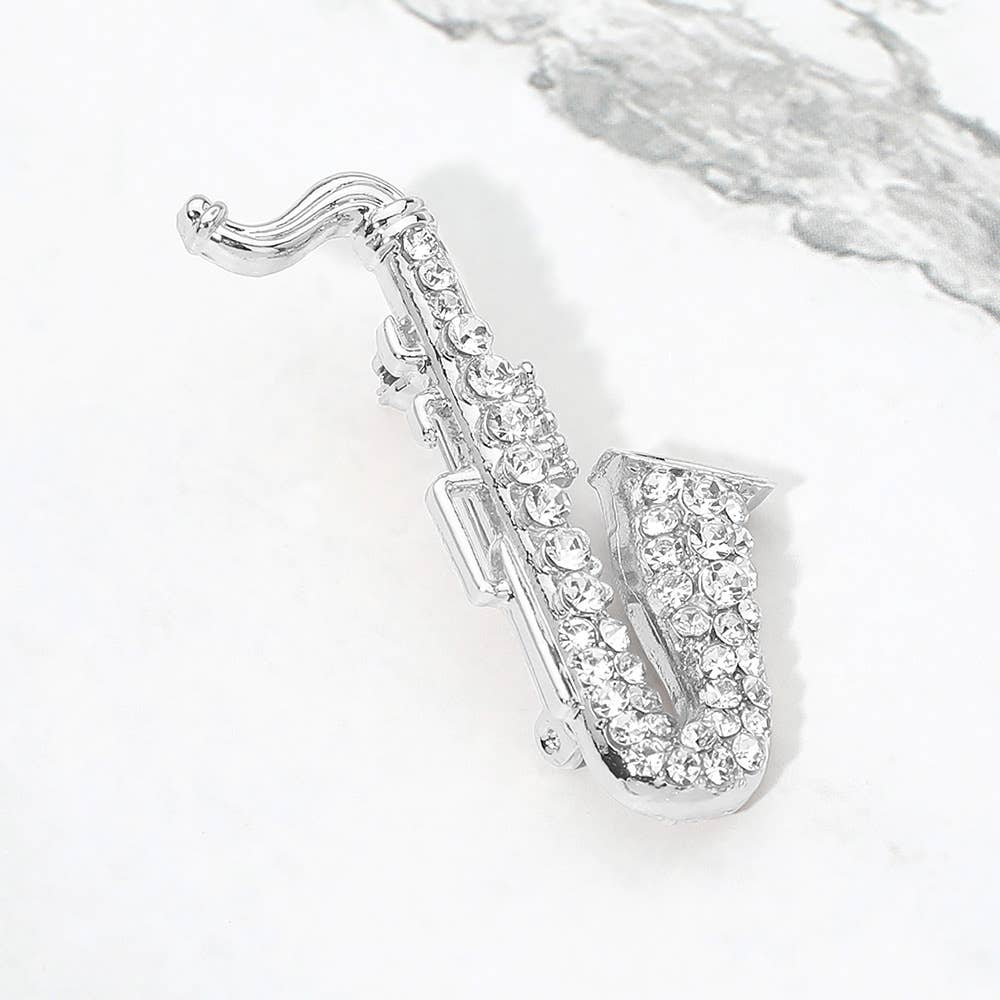 Rhinestone Pave Saxophone Pin Brooch