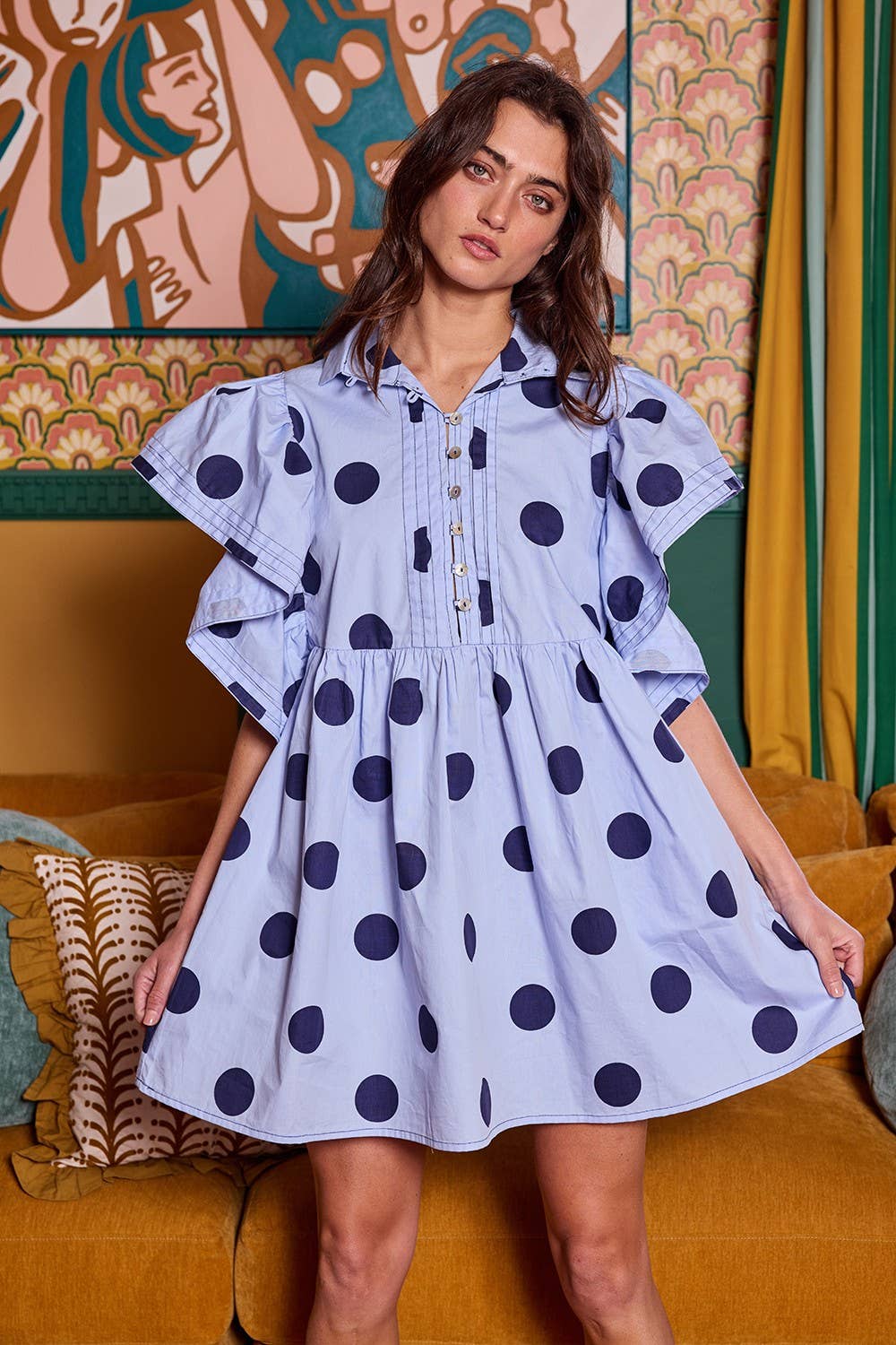 Ruffle Sleeve Pintuck Detail Polka Dot Mini Dress: Lavender/Navy / S-M-L