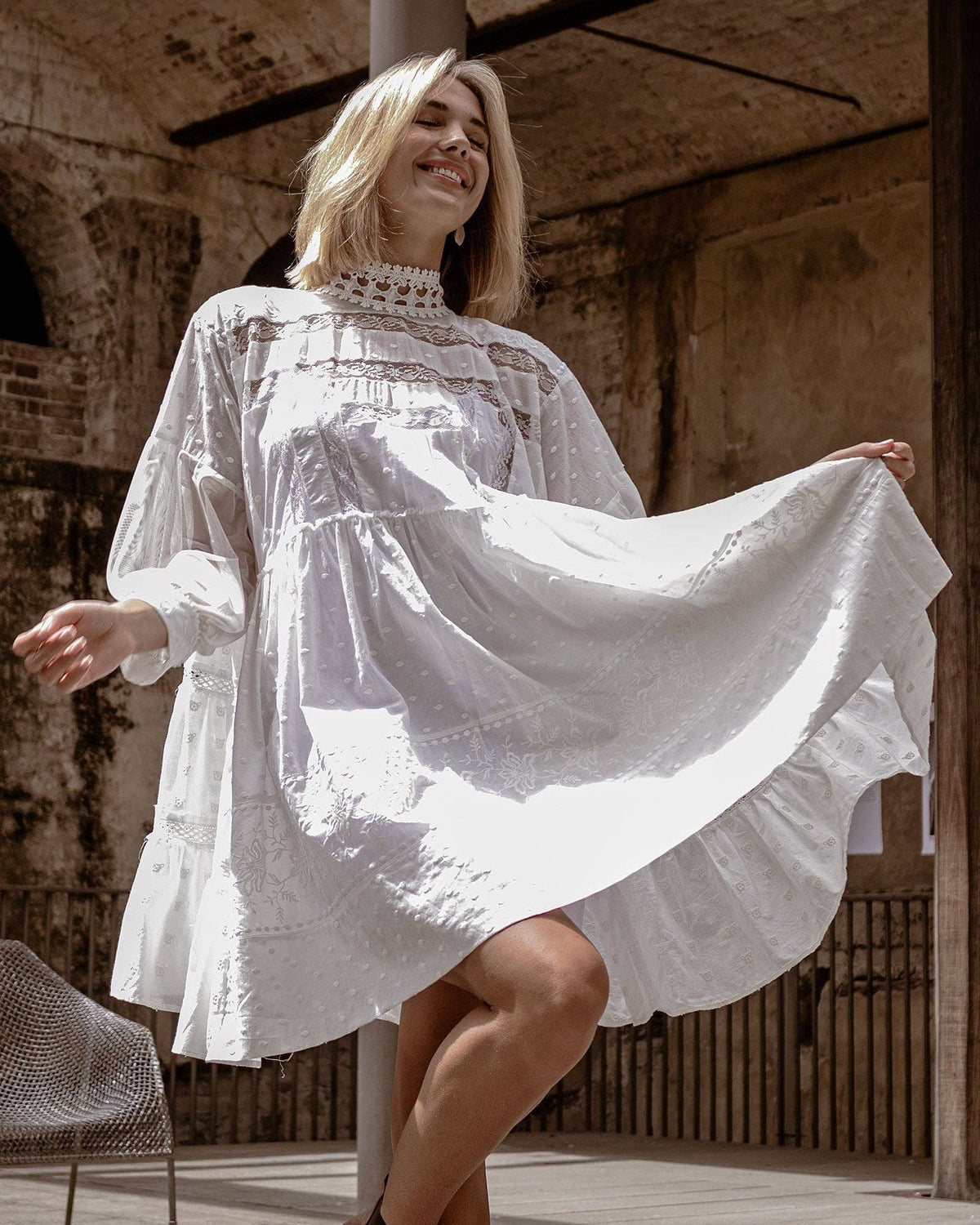 Unforgettable Oversized Lace Mini Dress - White: XS-S