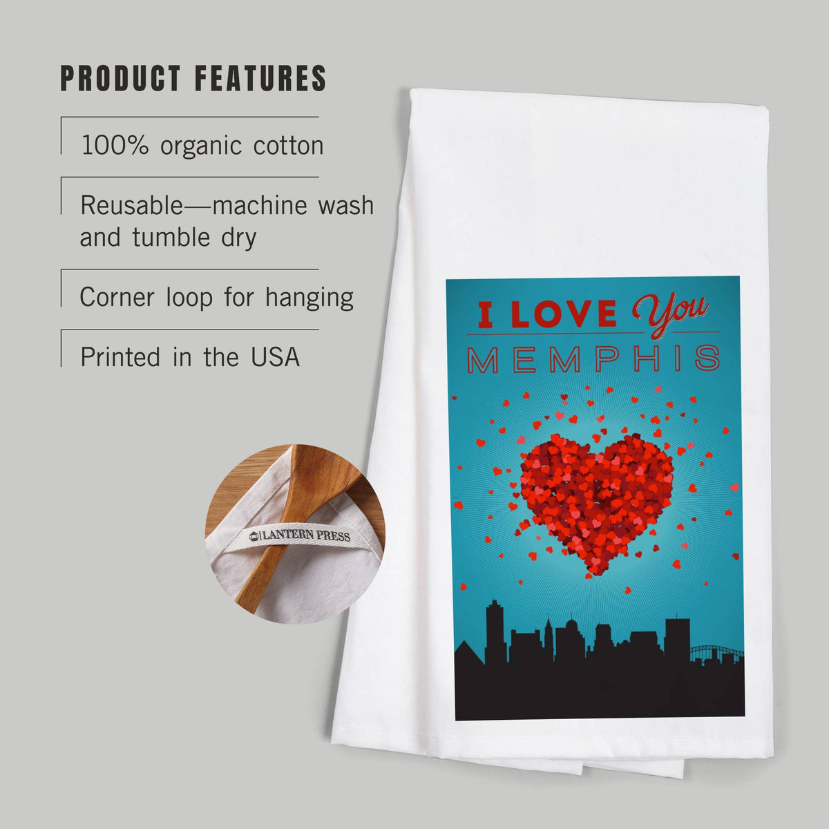 ORGANIC TEA TOWEL I Love You Memphis, Tennessee