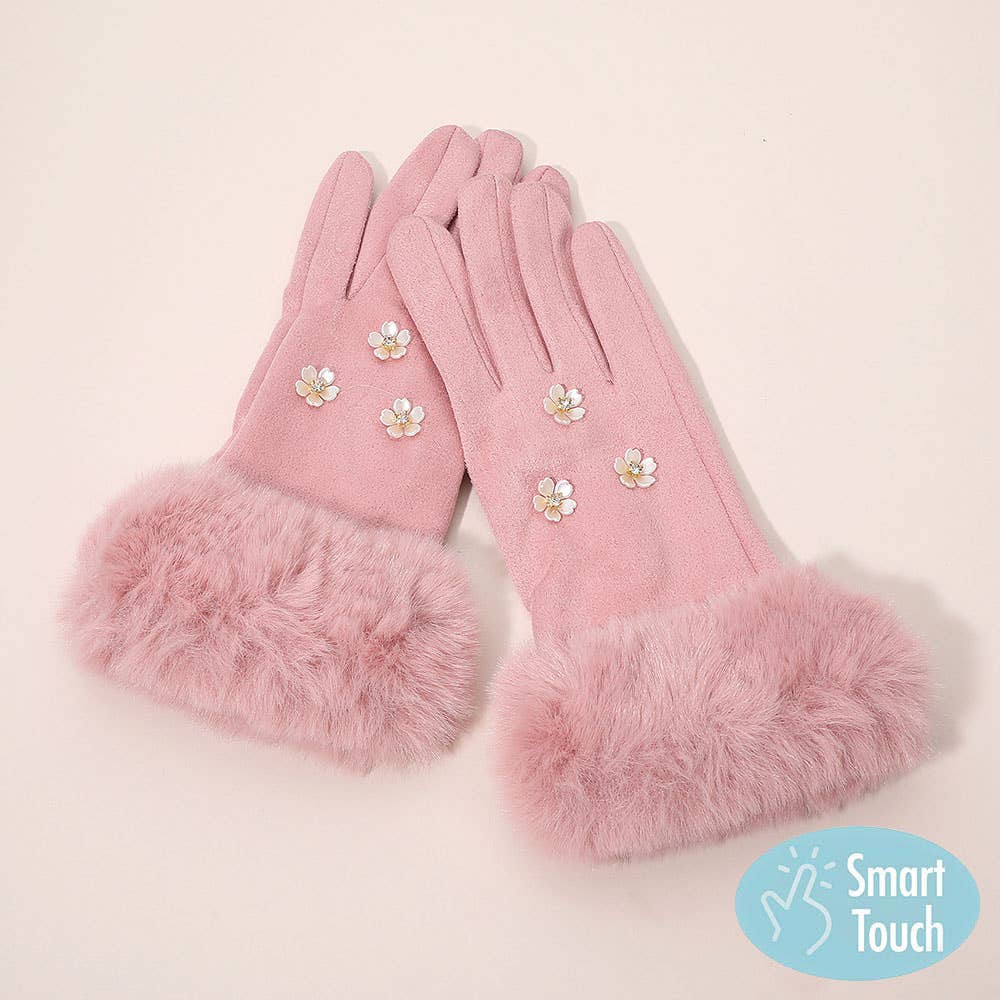Rhinestone Flower Embellished Faux Fur Cuff Smart Touch Winter Gloves