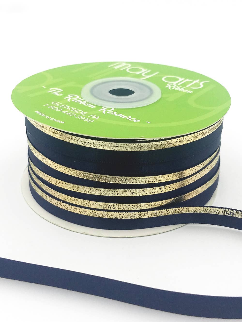 ~3/8″ Navy Blue Single Face Satin Gold Foil Stripe Ribbon