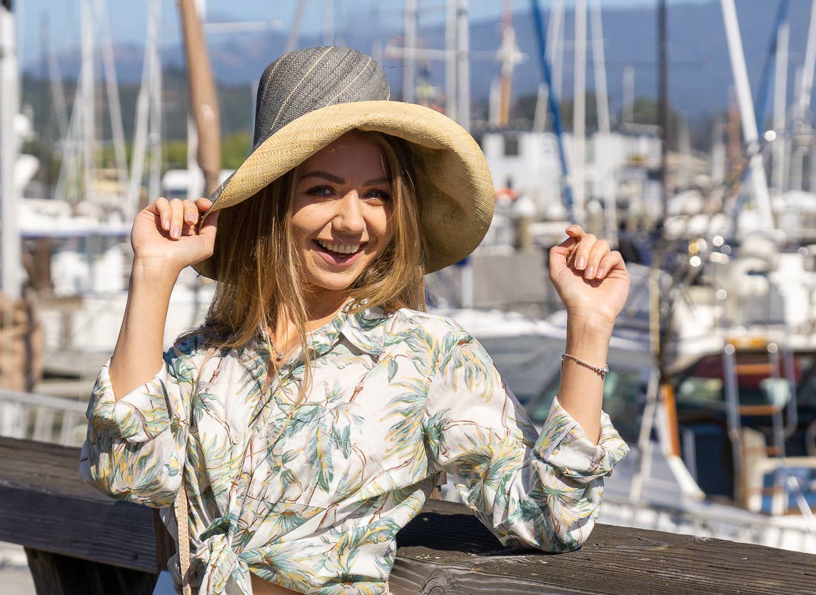 Monica  7" Wide Brim Two Tone Packable Straw Sun Hats