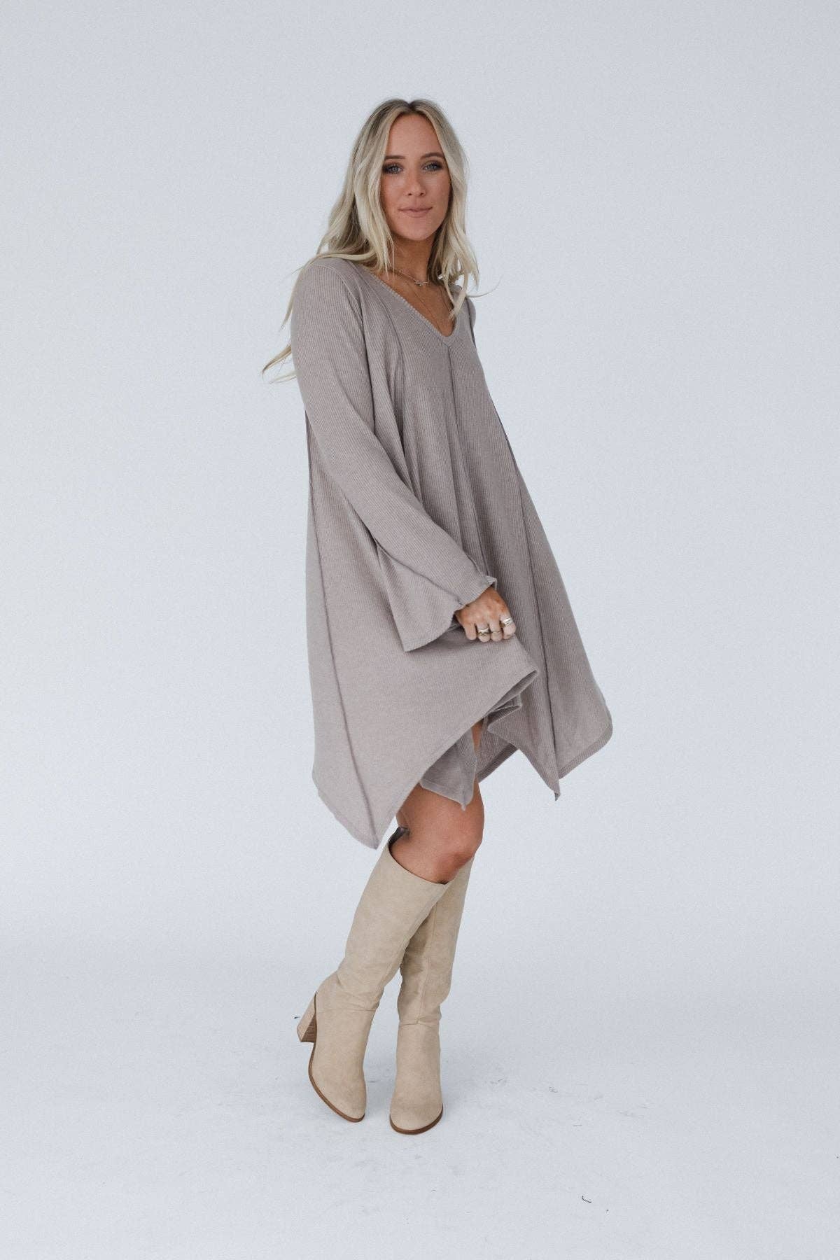 Golden Hour Long Bell Sleeve Tunic Dress - Latte