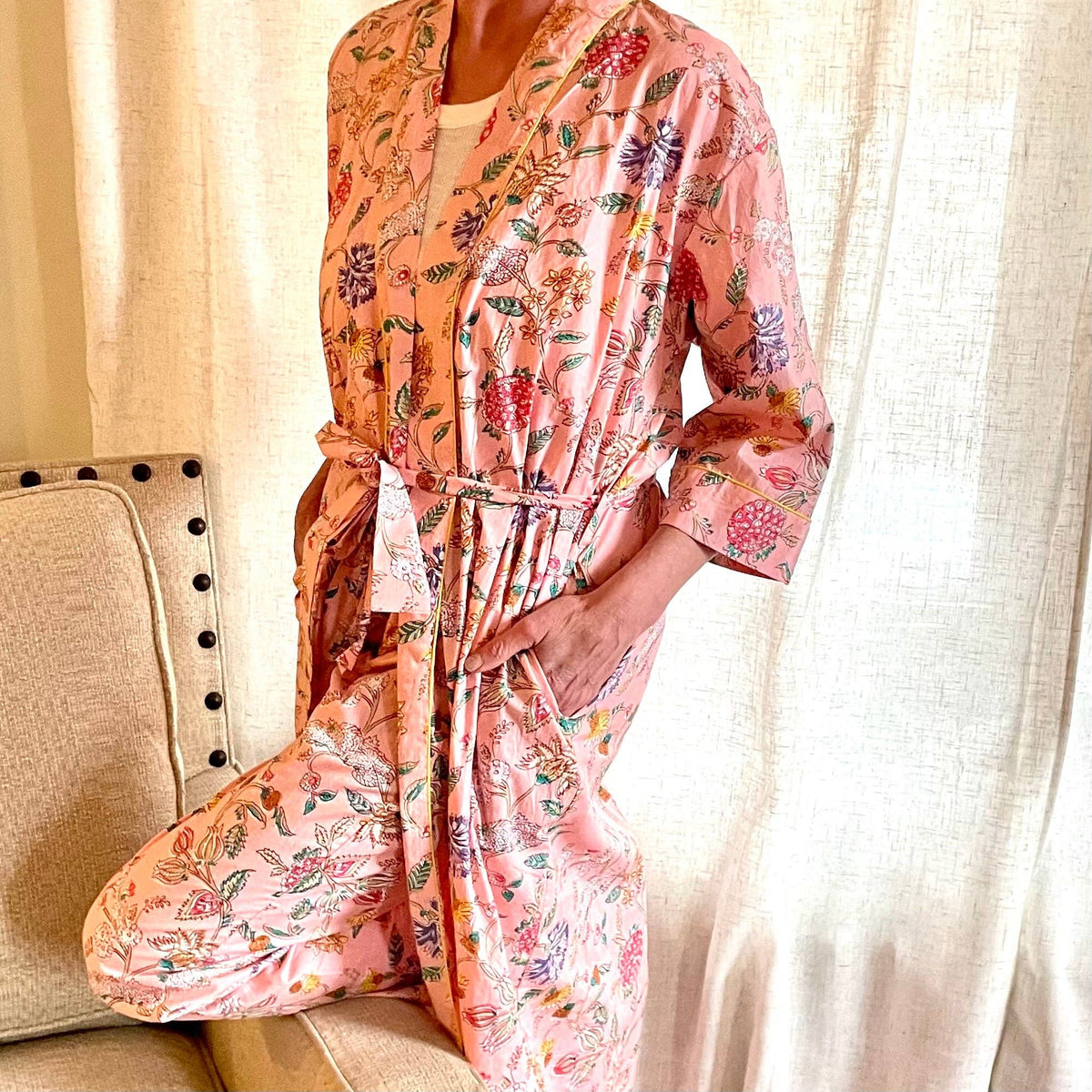 Bali resort cotton robe and pajama pants set - Peach Floral: One size / Cotton