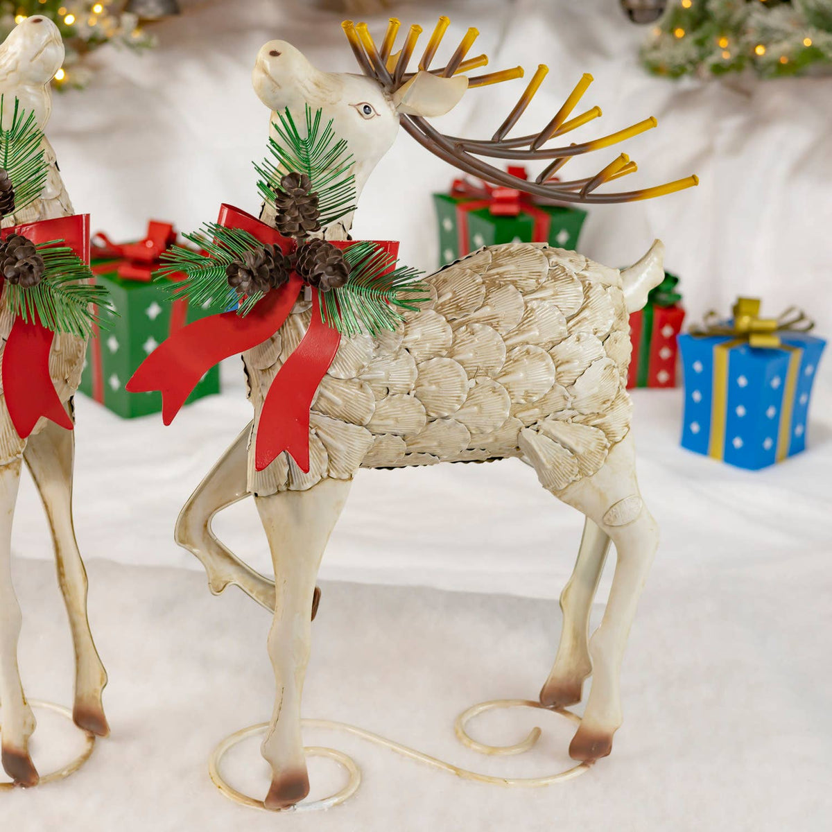 31.5" Tall Medium Iron Reindeer with Pinecone Bow