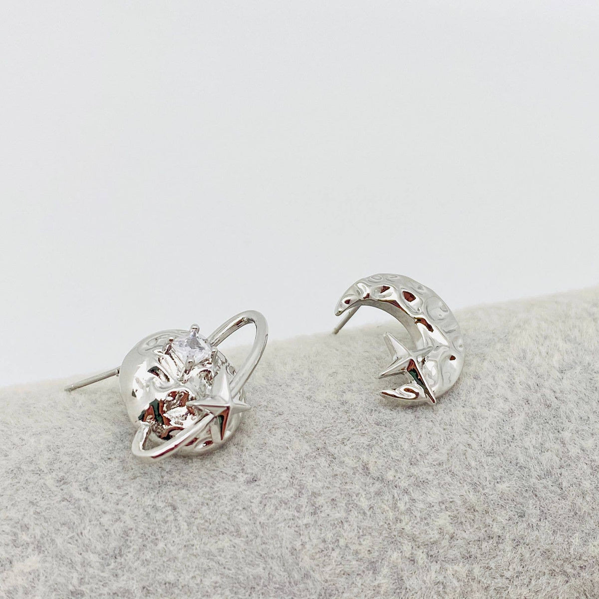 Silver Color Planet Moon Stars Asymmetric Ear Studs