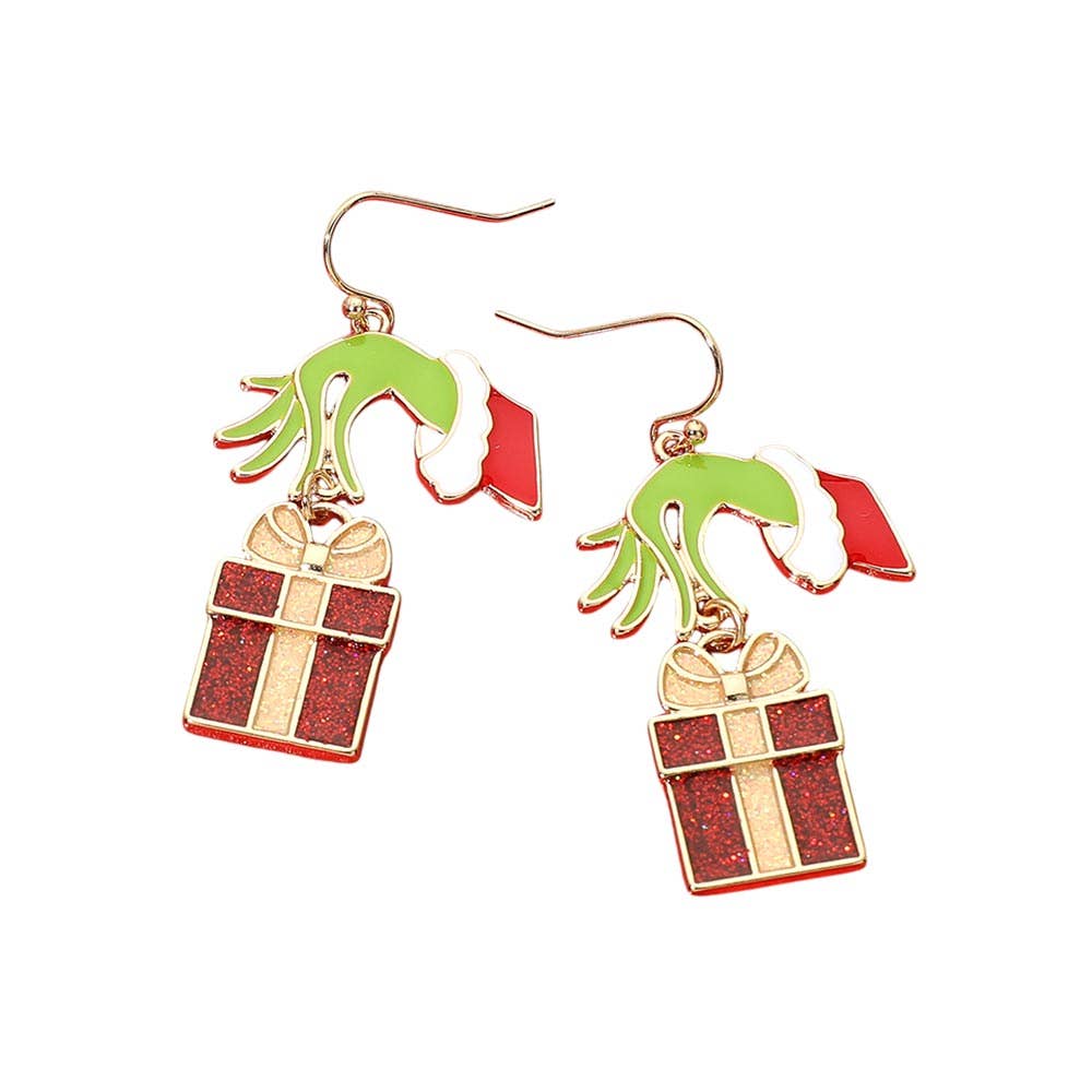Grinch Holding Christmas Present Box Charm Drop Dangle Earrings