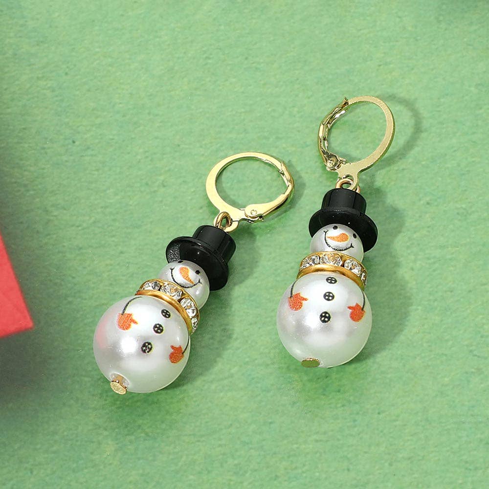 Pearly Snowman Charm Drop Dangle Huggie Hoop Earrings