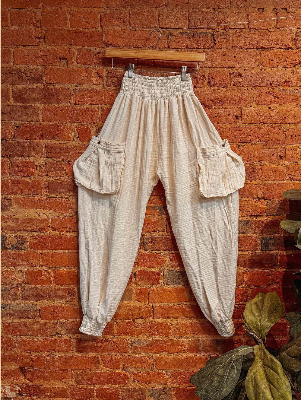 Organic Cotton Bamboo Beachy Boho Joggers, Hippie Pants: White Undyed