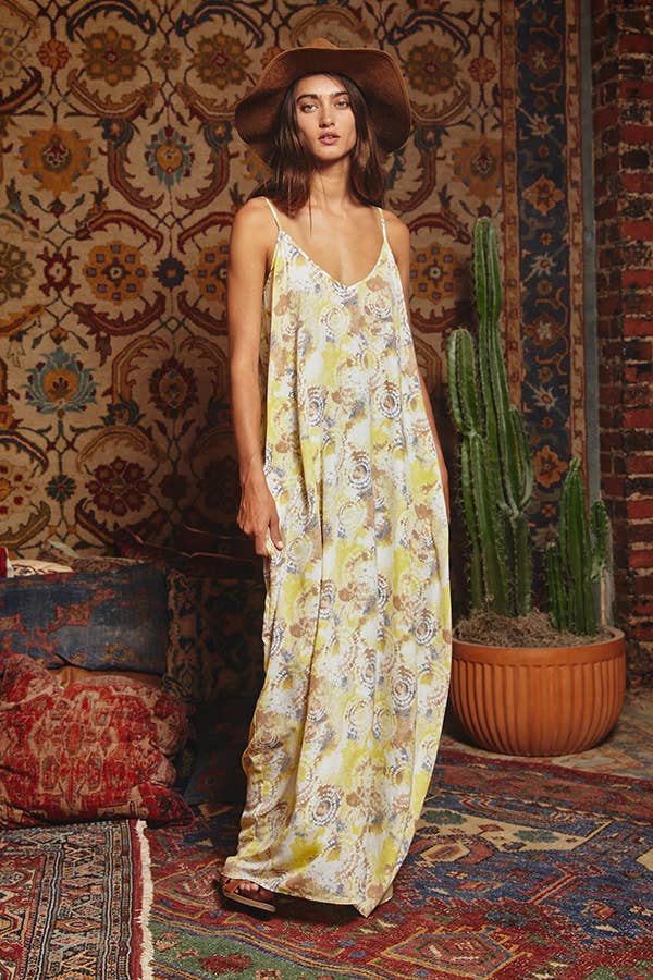 Tie Dye Print Flowing Maxi Slip Dress: YELLOW MULTI