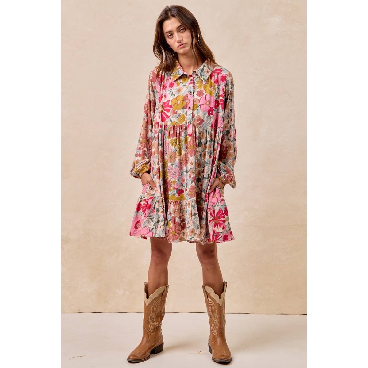 FLORAL PRINT SHIRRING BUTTONED TIERED SHIRT DRESS