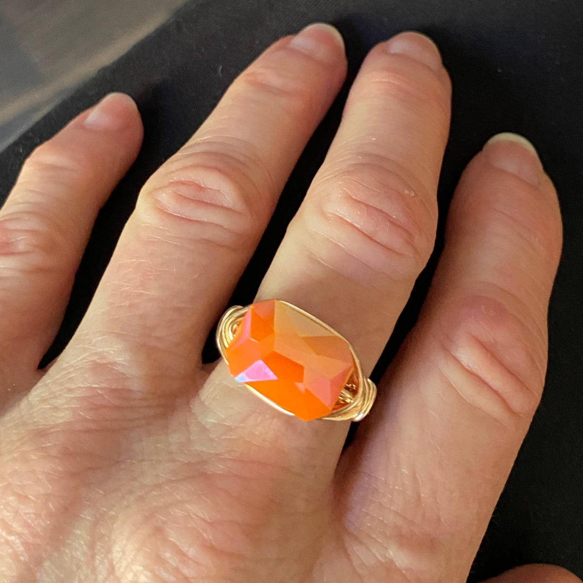 ORANGE - Gold Wire Wrapped Ring Faceted Orange Crystal Statement Ring: Gold