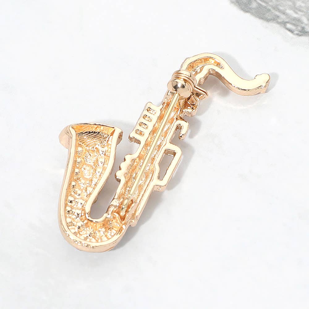 Rhinestone Pave Saxophone Pin Brooch