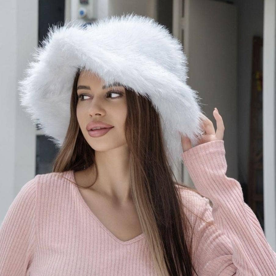 Oversized Fur Bucket Hat with Silver Shimmer