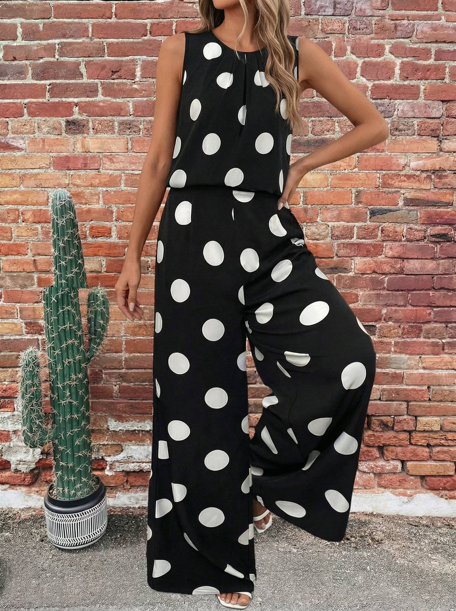 Spring Polka Dot Print Pleated Tank Casual Wide Leg Outfit
