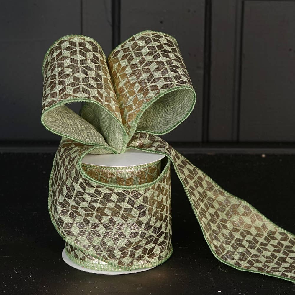 Wired Ribbon-Sage Green w. golden hexagon (4inW)