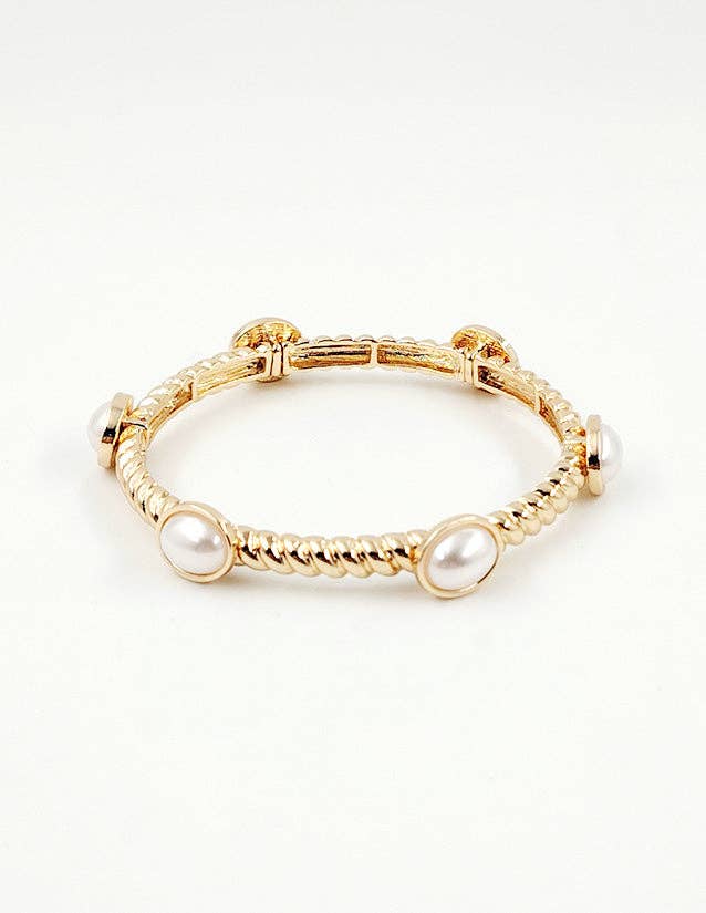 Ribbed Gold Textured and Pearl Stretch Bracelet