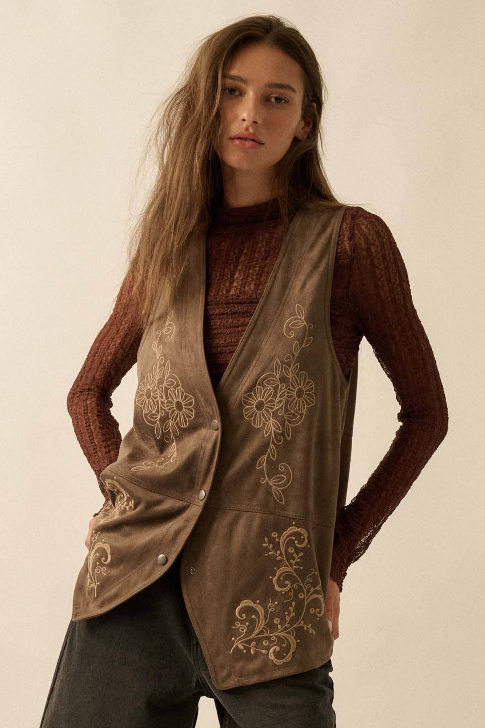 Floral-Embroidered Faux Suede Snap-Front Vest