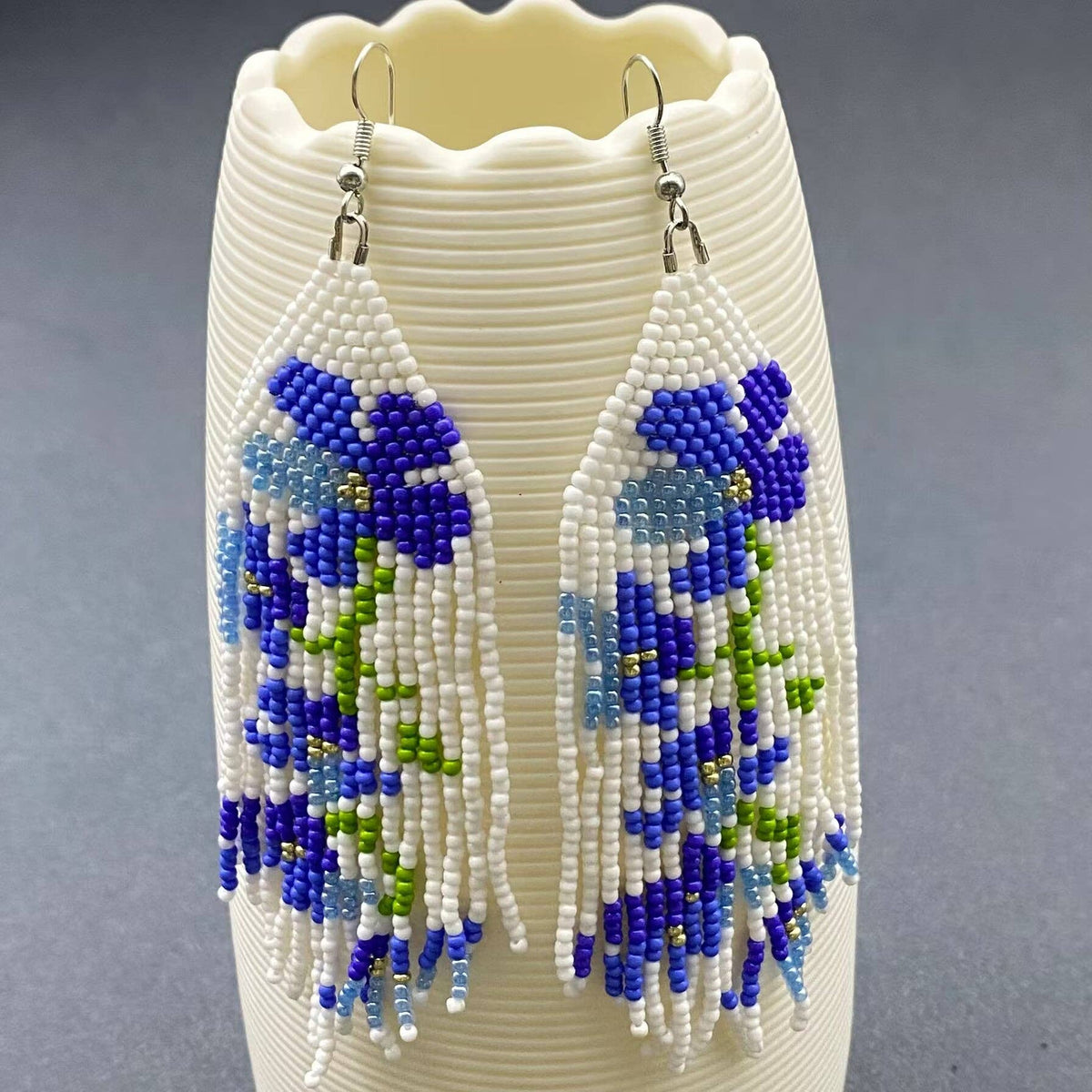 Hand-woven Blue Flowers Seed Beads Fringe Earrings - SB