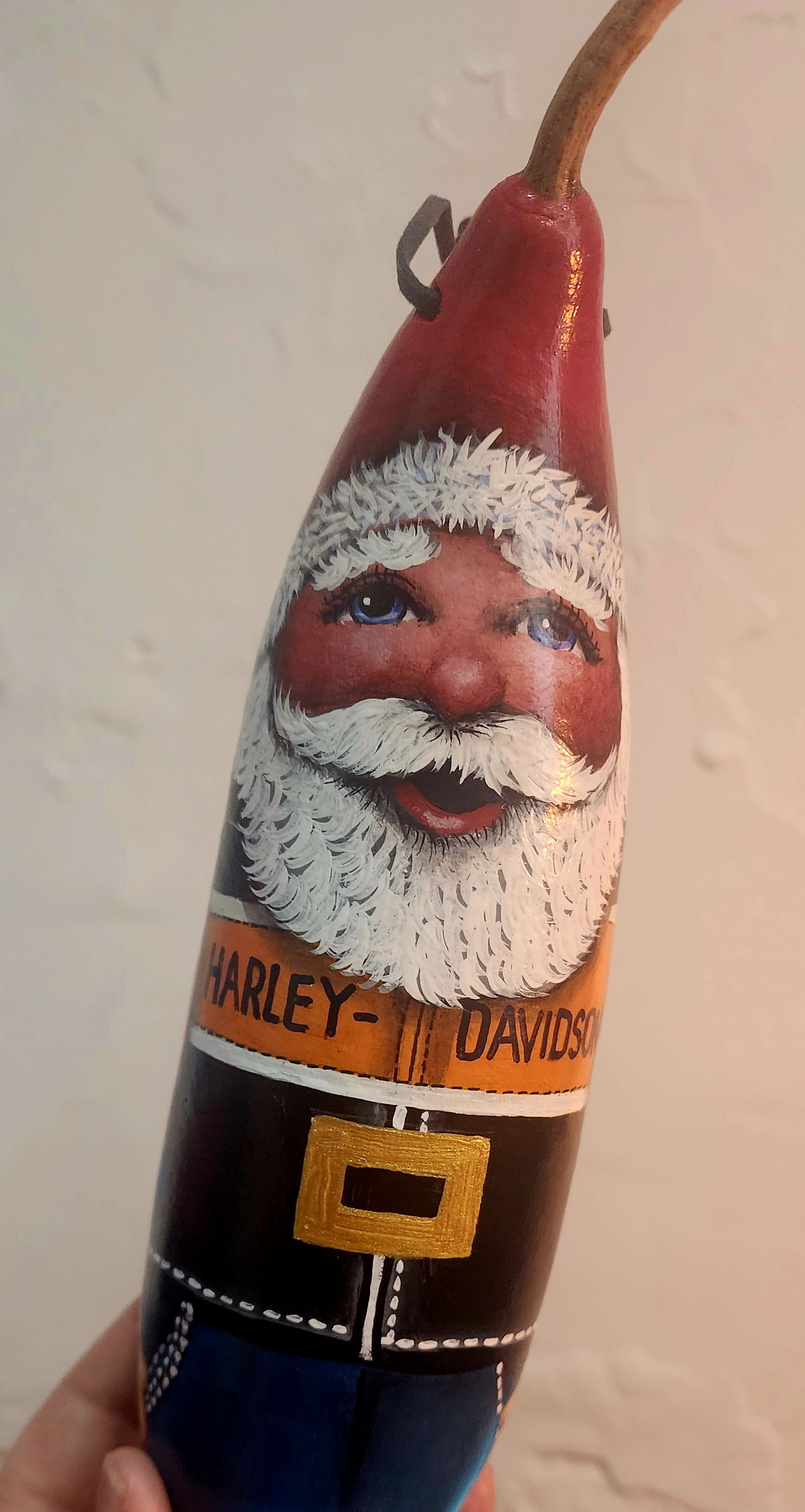 11" Harley Santa ornament painted gourd by local Memphian DJ Kelly