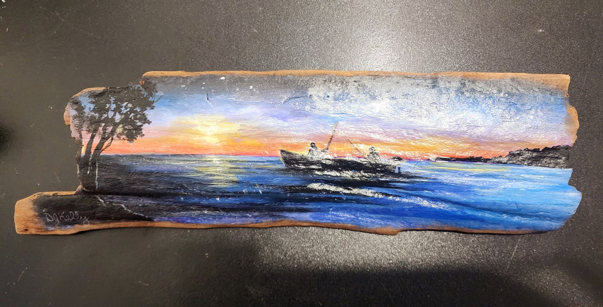 12" fishing landscape on Mississippi River Driftwood, painted by local Memphian DJ Kelly