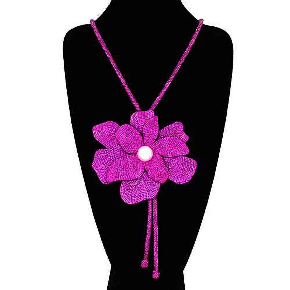 Pearl Centered Bling Studded Flower Pointed Bolo Tie Necklace