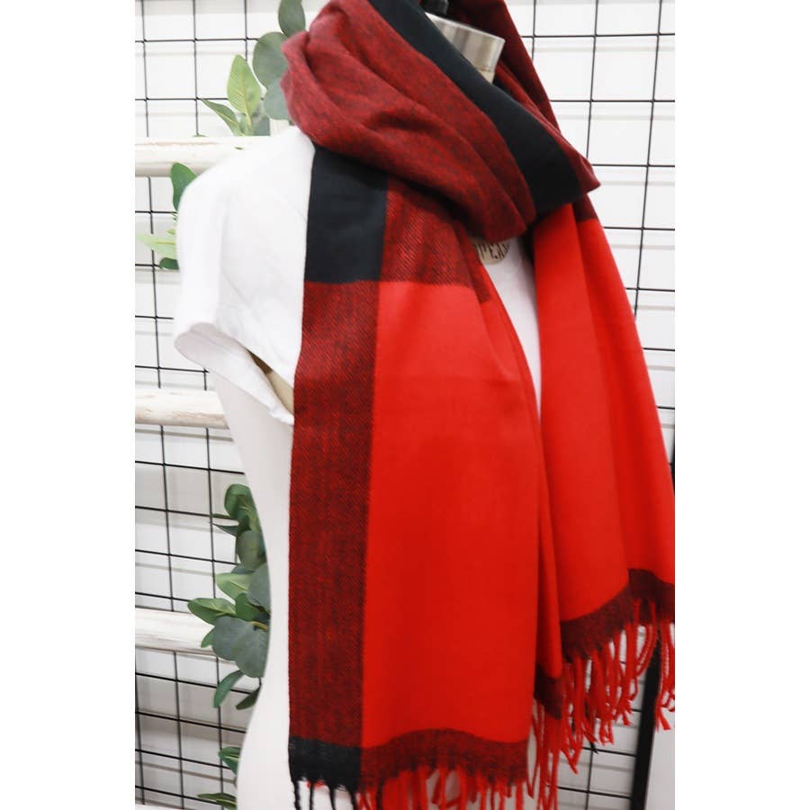Two Tone Plaid Cashmere Scarf With Tassel: RED PLAID