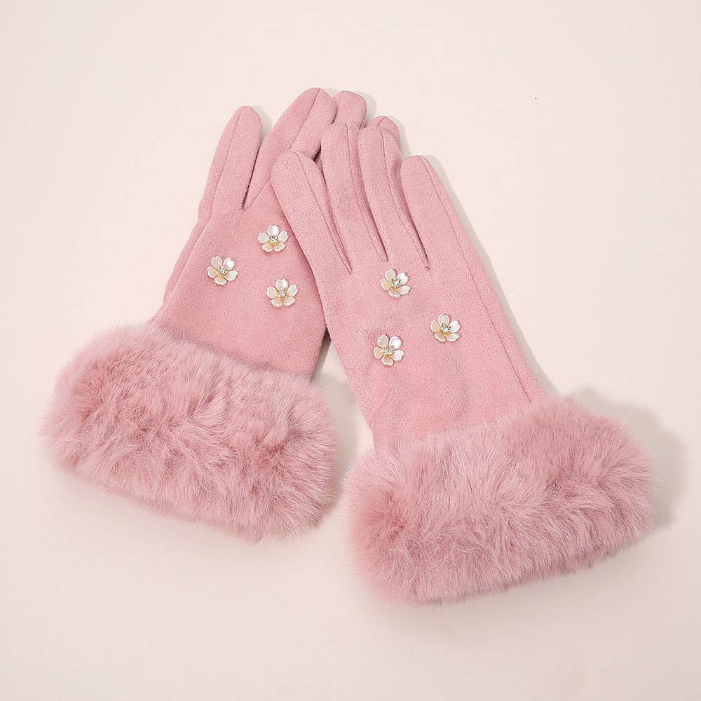 Rhinestone Flower Embellished Faux Fur Cuff Smart Touch Winter Gloves