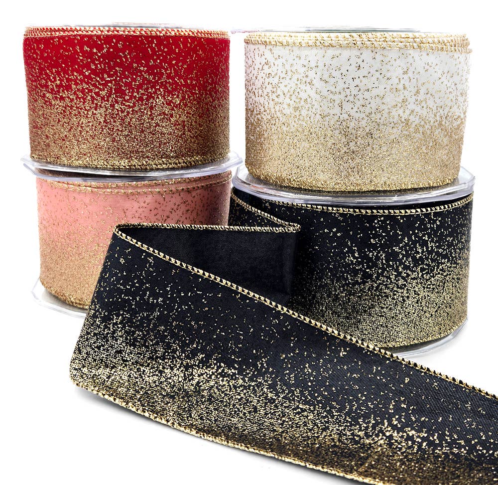 2.5" Fading Gold Glitter White Taffeta Ribbon
