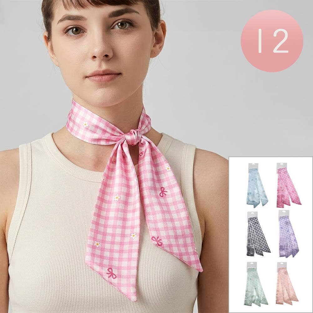 Silky Feel Bow Accent Checkered Pattern Print Twilly Bag Neck Scarves