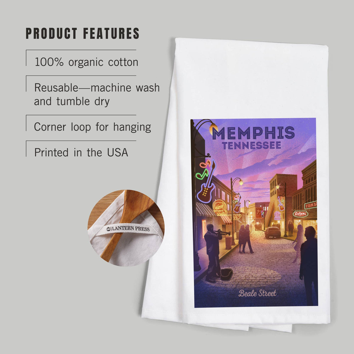 ORGANIC TEA TOWEL Beale St. Memphis, Tennessee, Lithograph