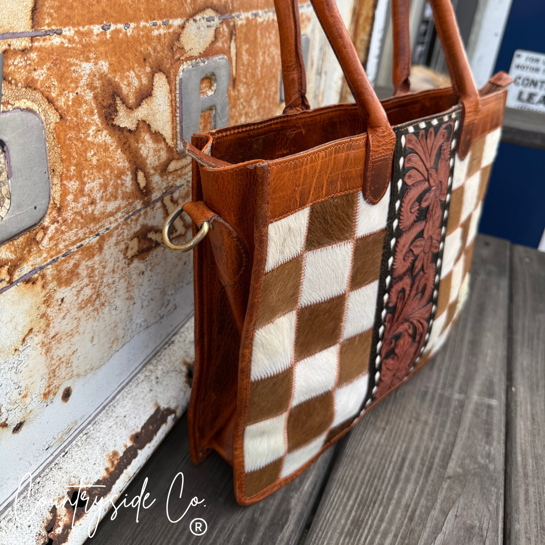 Virginia Cowhide Checkered Tote Handbag, Rust Tone Leather