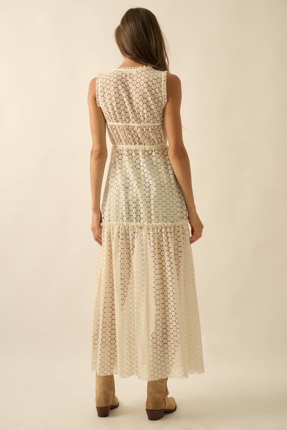 Sheer Crochet Lace Sleeveless Tie-Front Maxi Top