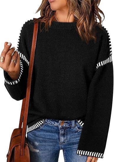 Solid color sweater thread patchwork knit pullover: Black