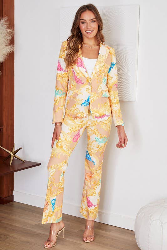 Baroque Print Single Button Blazer: Beige/Gold