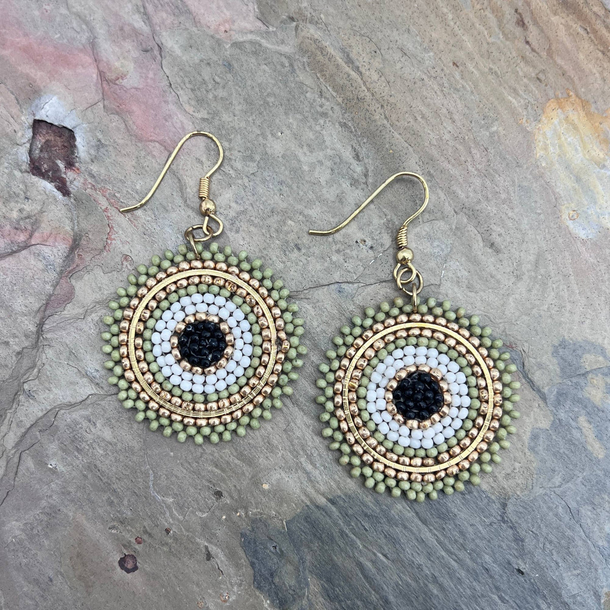 Seed Bead Color Circle Earrings - Multiple Color Styles: Sage &amp; Gold