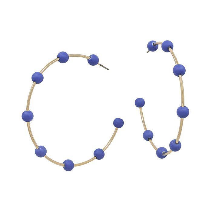 Gold Hoop with Royal Blue Color Coated Metal Beaded Accents 2" Earring